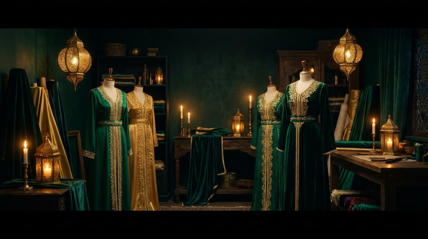 Atelier MarLino, caftans émeraude et or à la bougie